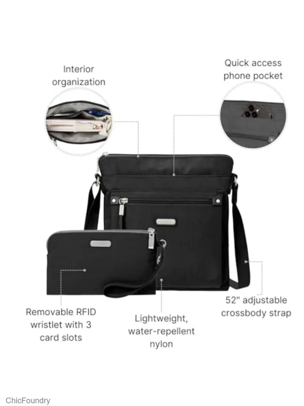 Lightweight Water-Resistant Nylon RFID Crossbody Wristlet Bag